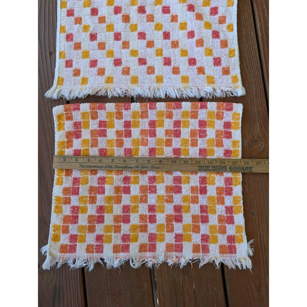 Vintage MCM 60s Hand Towels (2) Retro Red Orange Yellow Kitchen Bathroom 26x15.5